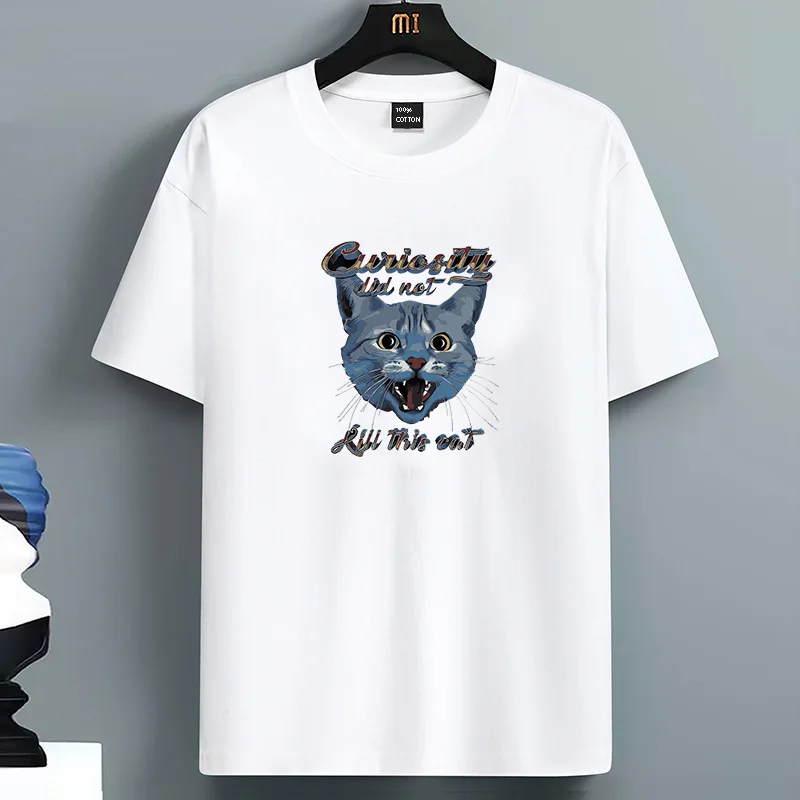 2025 Summer Men's T-shirt High Quality 100 Cotton Cute Cat Printed Loose O-neck Men Short Sleeve Casual For Male T-shirt Top Tee