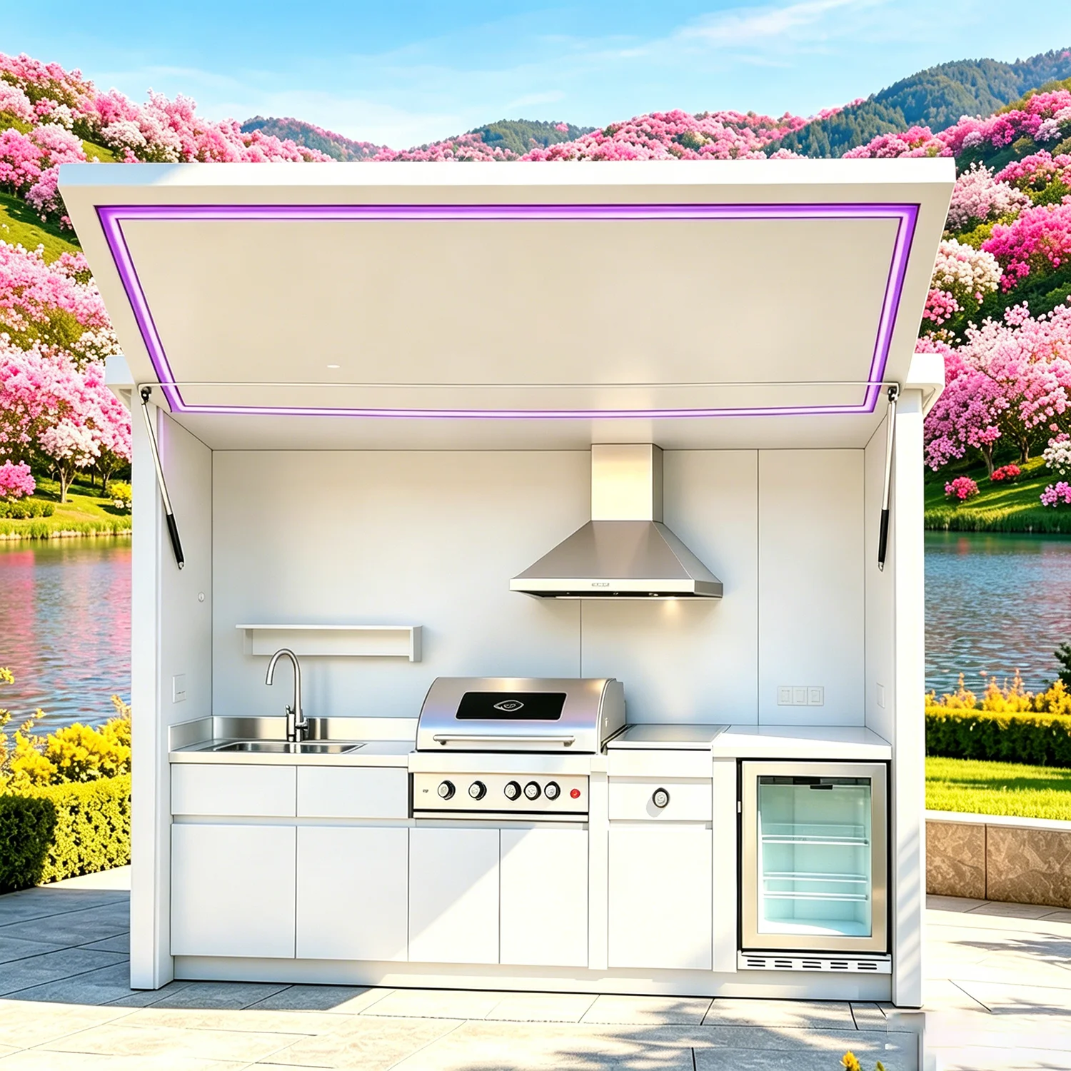 Practical Outdoor Kitchen Complete, Built-in Classic Non Stick Cookware Set, Windproof Waterproof Outdoor Cooking Station