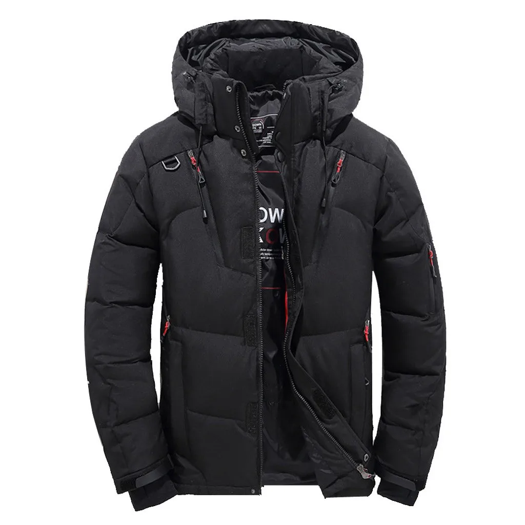 Men Winter White Duck Down Jacket Hooded Outdoor Thick Warm Padded Snow Coat Long-Sleeved Multi-Zip Fashion Jacket Mens Clothing