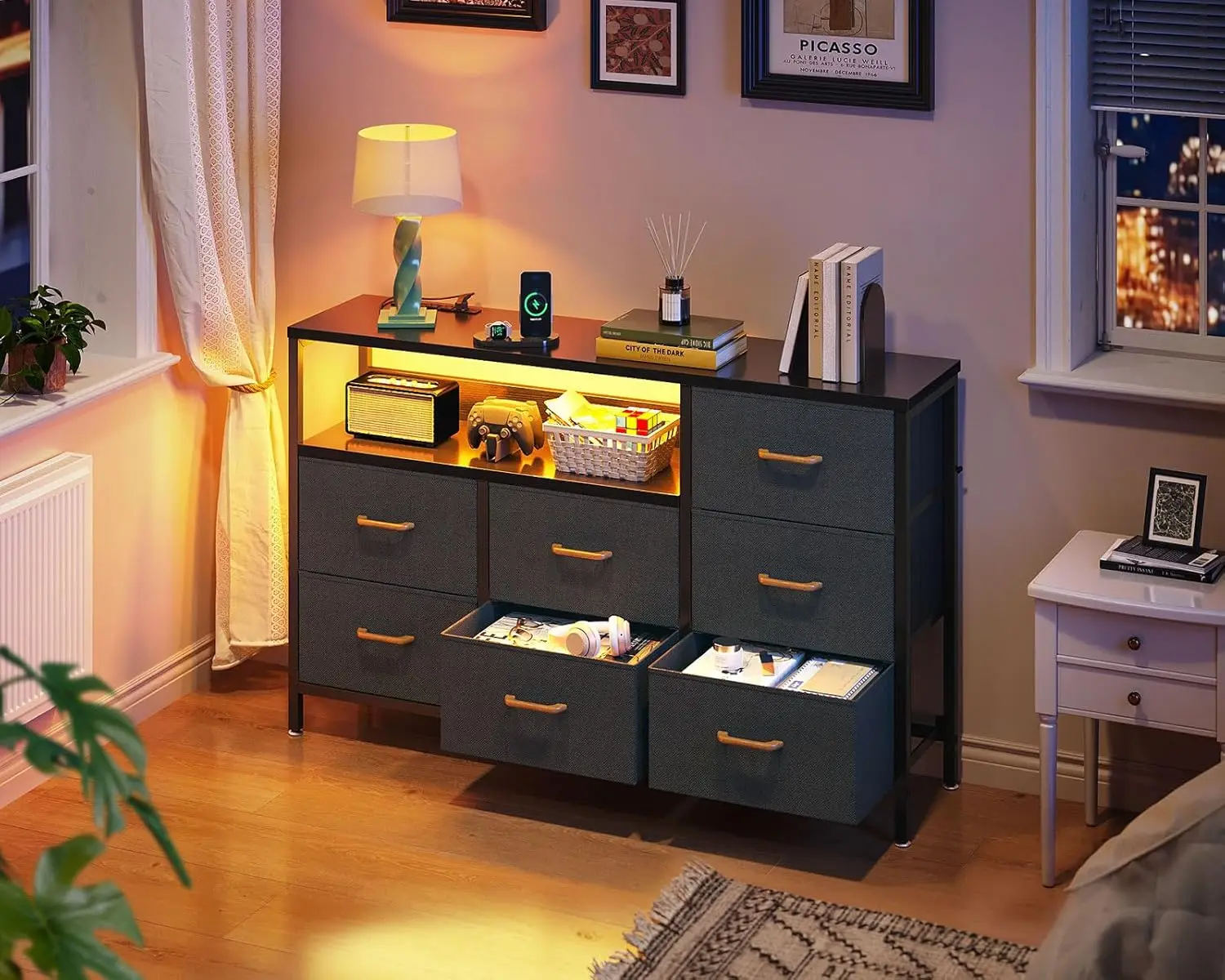 Dresser with LED Lights and Charging Station, 52-Inch Long Dresser for with 7 Large Storage Drawers, Fabric Dresser