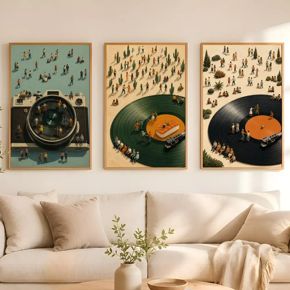 Miniature Music Gathering Poster Stickers Painting Self-Adhesive Mural HD Wall Decals for Bedroom Living Room Home Decor Gift