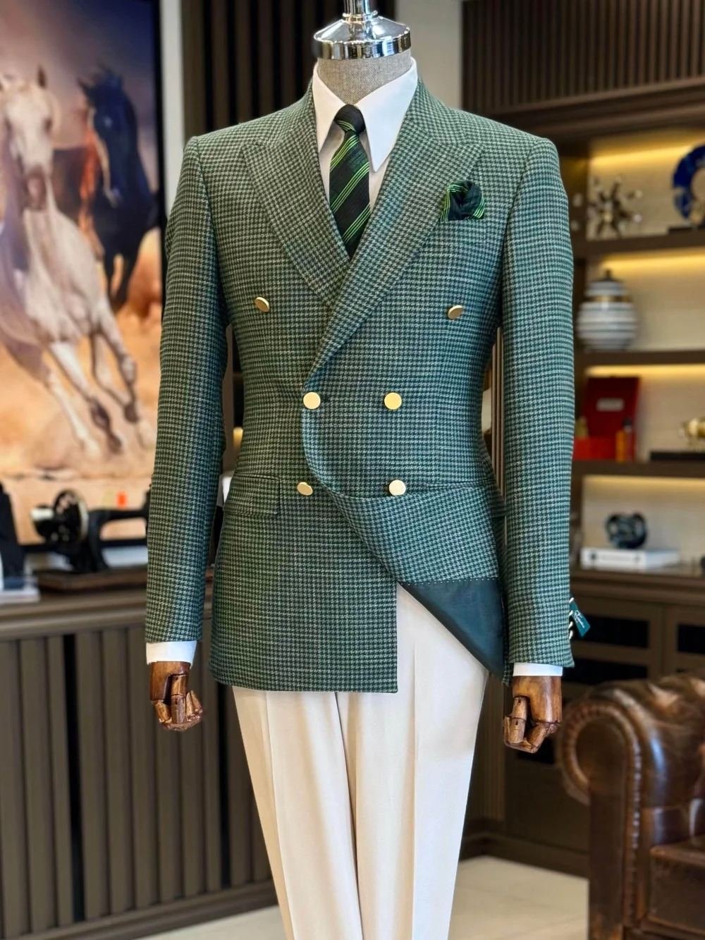 Personalized Fit Wedding Suits for Man Double Breasted Notched Grid Fabric 2 Pcs Blazer Pants Formal Buainess Office Customized