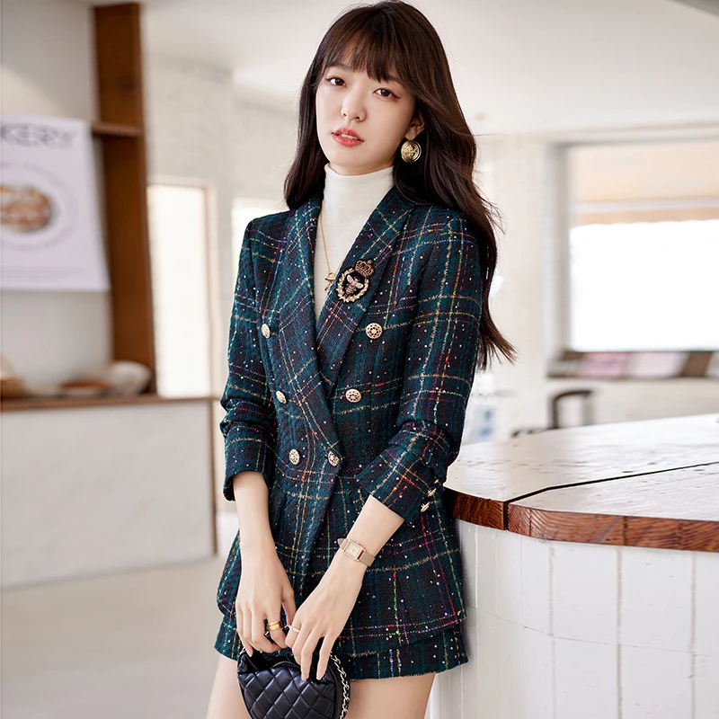 Autumn Winter Small Fragrance Vintage Tweed Plaid Two Piece Set Women Slim Jacket Coat Blazer+ Shorts Skirts Sets 2 Piece Suits