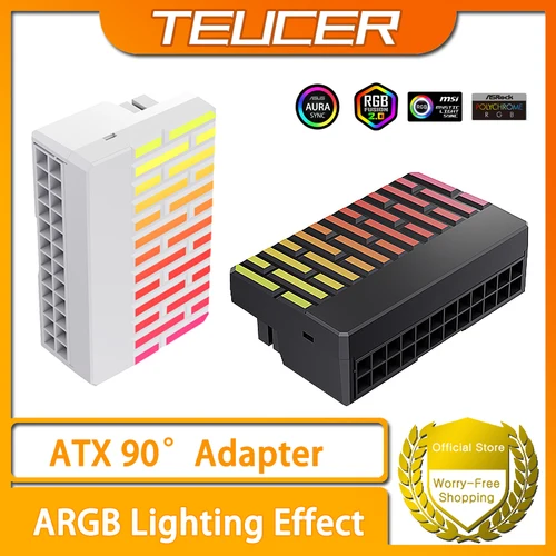 TEUCER ATX 전원 커넥터 어댑터, PC 마더보드용 암-수 전원 어댑터, ATX 전원, 24 핀, 90 도, 5V, 3 핀 ARGB 