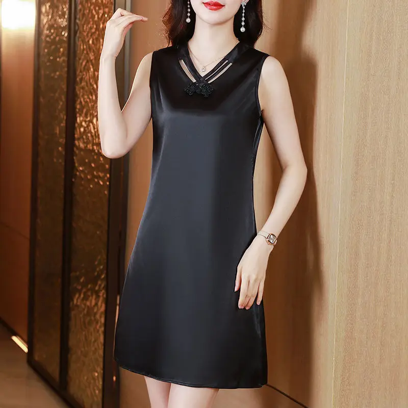 Korean Elegant Luxury High-end Satin Tank Top Dress Women Summer Sleeveless V-neck Solid New Inner Layering Bottoming Dresses