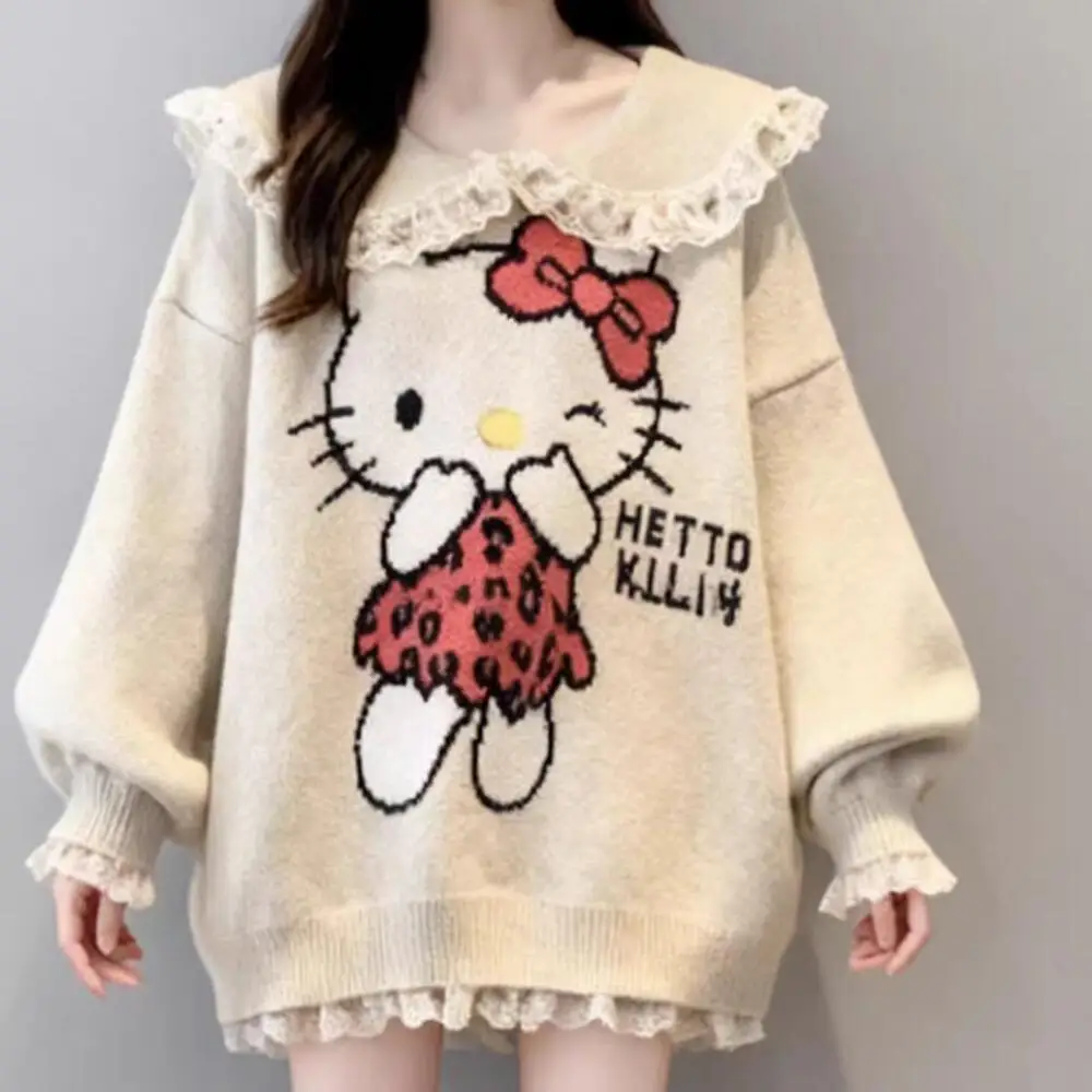 

Модный вязаный свитер с длинными рукавами для девочек в стиле аниме Hello Kitty, с воротником-куклой, пэчворком и кружевом, с мультяшным принтом Sanrio, свободного кроя, милый и стильный.