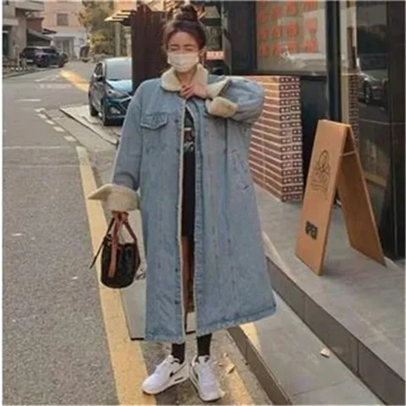 Long Cotton Jacket Women\'s Plush Thickened 2024 New Loose and Versatile Lamb Wool Winter Denim Jacket Cotton Jacket Denim Coat