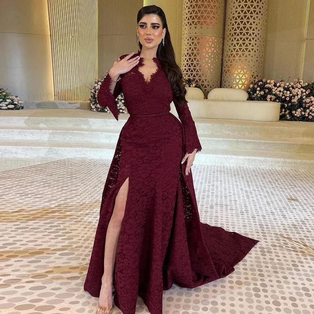 Lace Burgundy Formal Occasion Dresses 2024 V-Neck Long Sleeves Mermaid Ball Gown Backless Sexy Evening Party Gown فساتين الحفلات