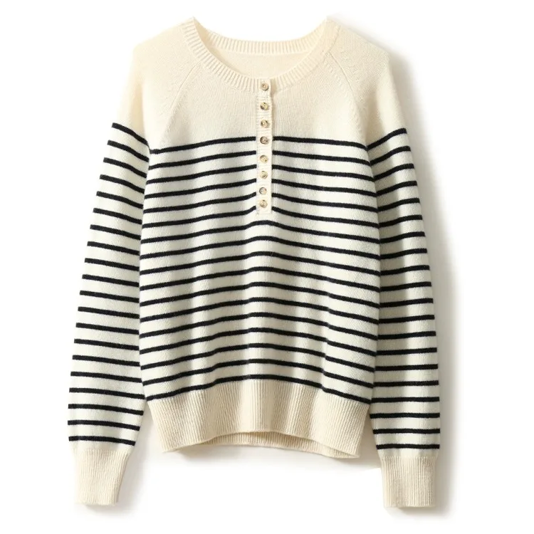 French crew-neck sweater Women's half-open neck breasted horizontal striped long sleeve pullover cashmere sweater loose knit top