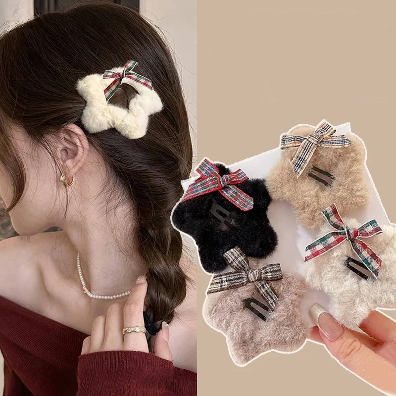 Checkered bow tie Plush Star BB Hair Clips for Women Hairpins Cute Fluffy Side Bangs Clips Korean Fashion Headdress Hair Accesso