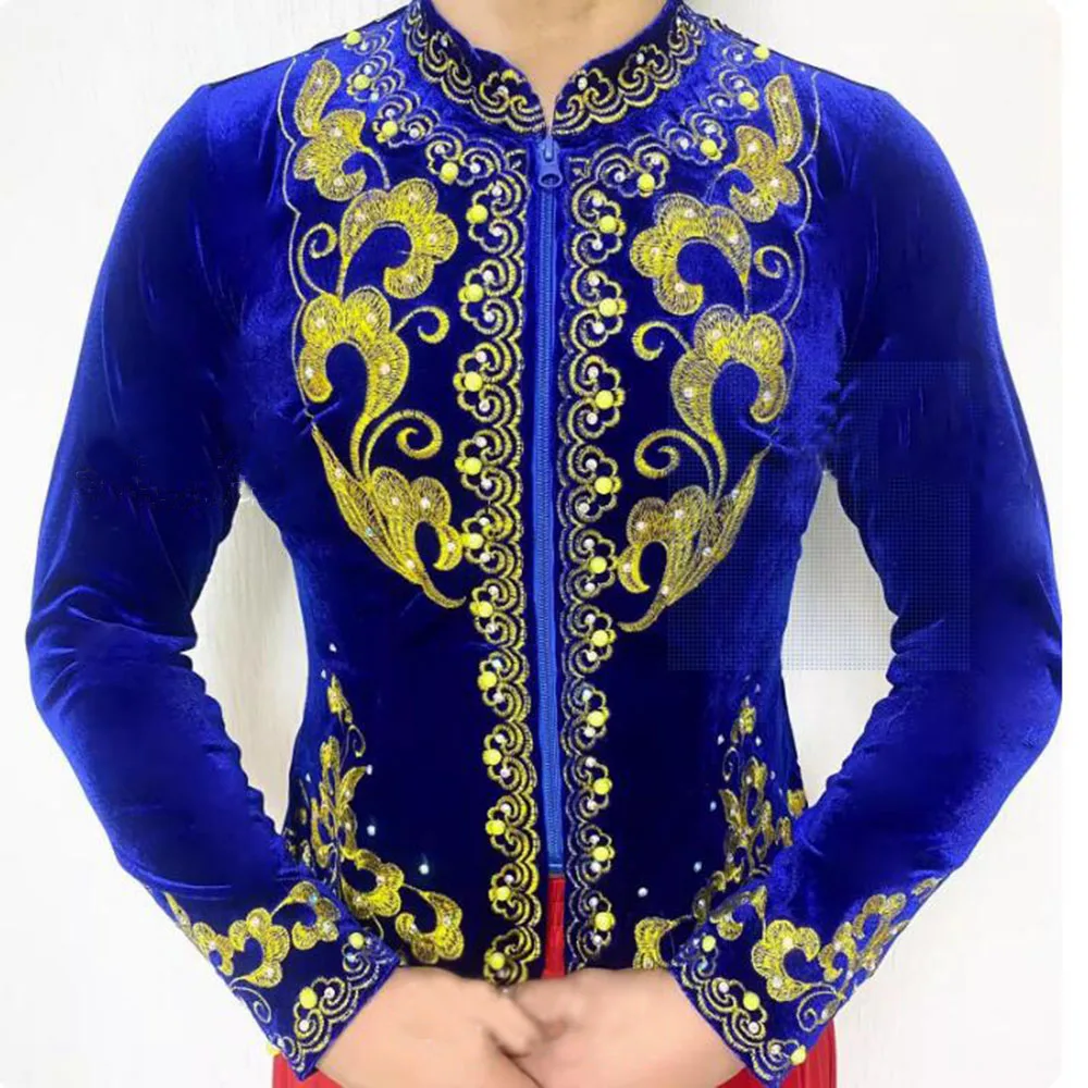 

Fashionable Slim Fitting Elastic Ethnic Minority Dance Clothing, Men Golden Velvet Embroidered Diamond Top Long Sleeved Vest