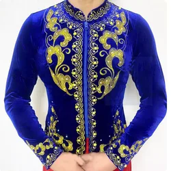 Fashionable Slim Fitting Elastic Ethnic Minority Dance Clothing, Men Golden Velvet Embroidered Diamond Top Long Sleeved Vest