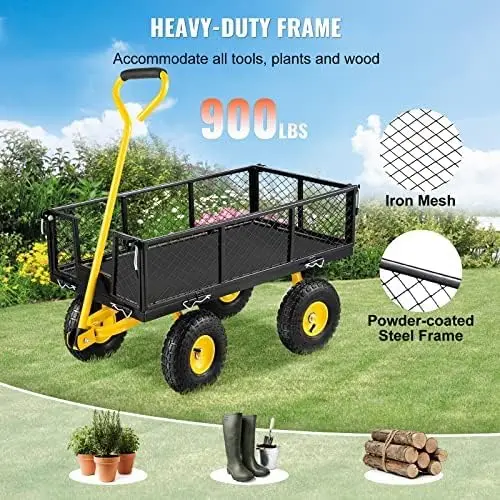 Heavy Duty Steel Garden Cart, 900 LBS Garden Wagon Carts Outdoor Yard Utility Wagon with Steel Mesh Removable Sides and 10