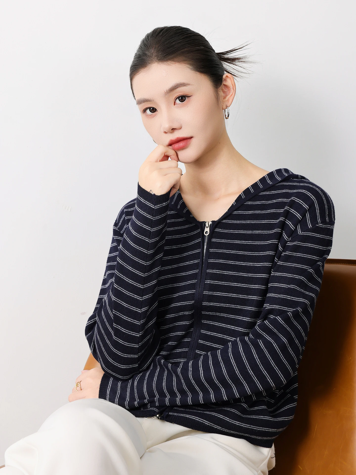 เสื้อสเวตเตอร์ถักมีฮู้ดแบบมีซิปคู่ สไตล์เกาหลี ลายทาง สำหรับผู้หญิง รุ่นสปริง/ออทัมน์