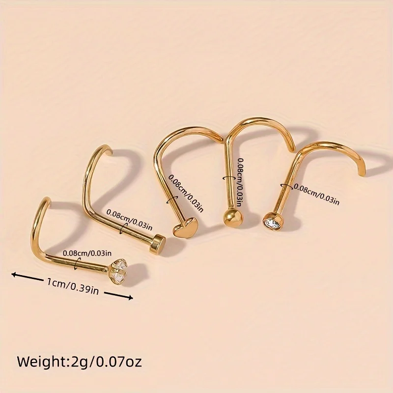 1pcs Stainless Steel Nose Nails Round Cubic Zirconia Nose Studs Piercing Jewelry Bend Rod Earrings Heart-Shaped