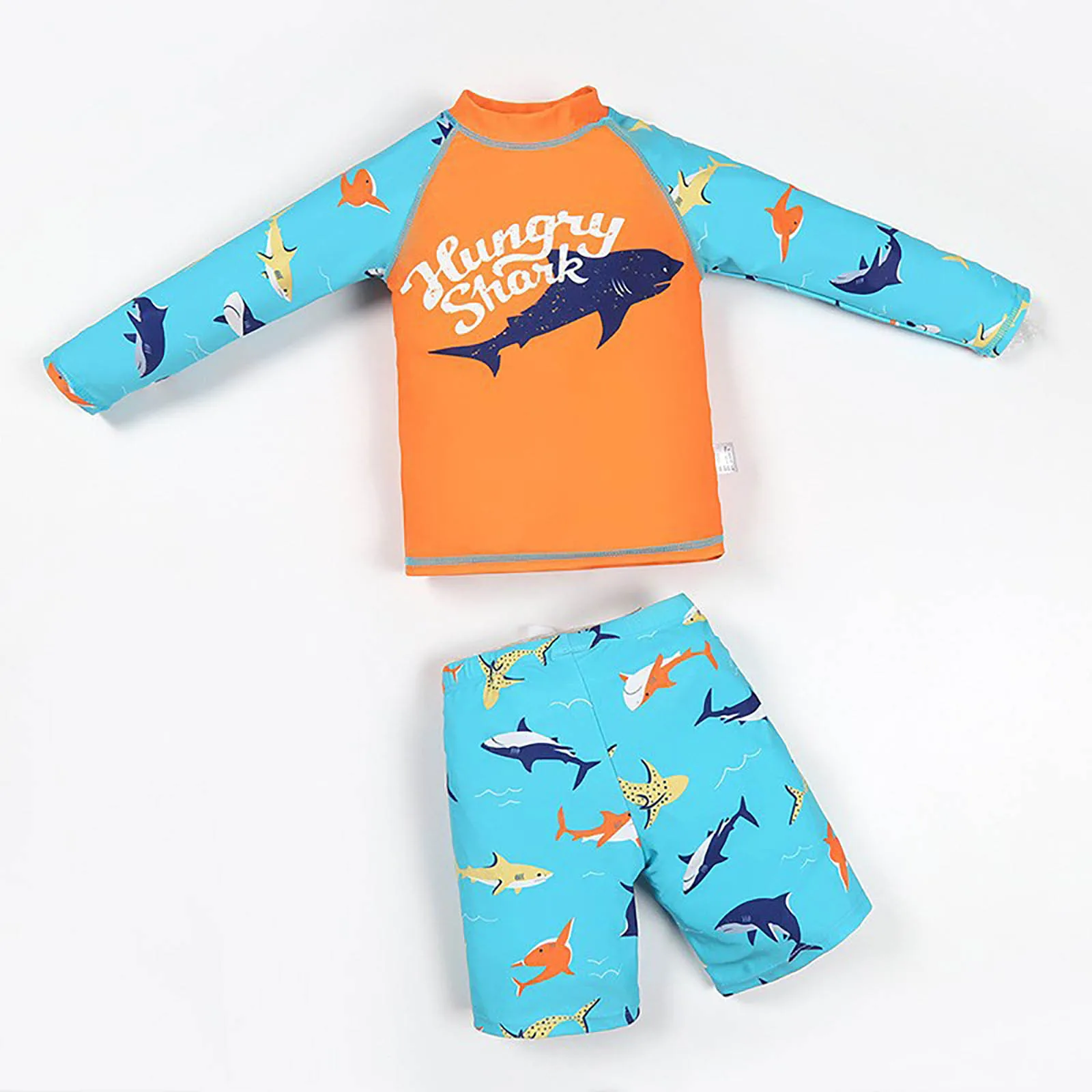 New Boys 3 Pieces Shark-patterned Swimwear Set Long Sleeve Top with Shorts Sunshade Cap Quick-dry Swimsuit Summer Bathing Suit