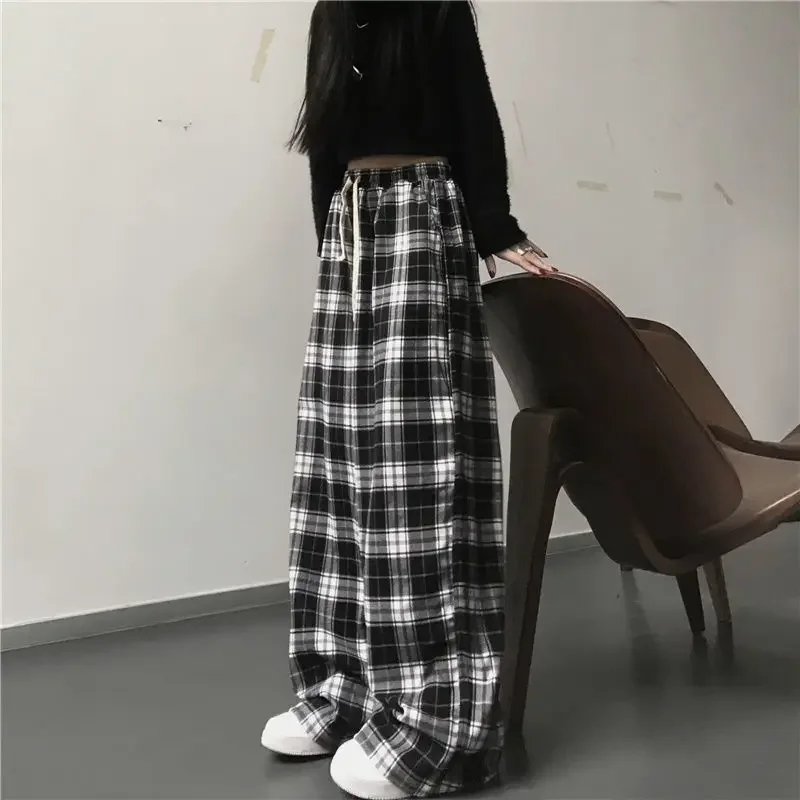 

Black Plaid Woman Pants Casual Loose Wide Leg Trouser Retro Teens Harajuku Lace Up Hip-hop All-match Streetwear