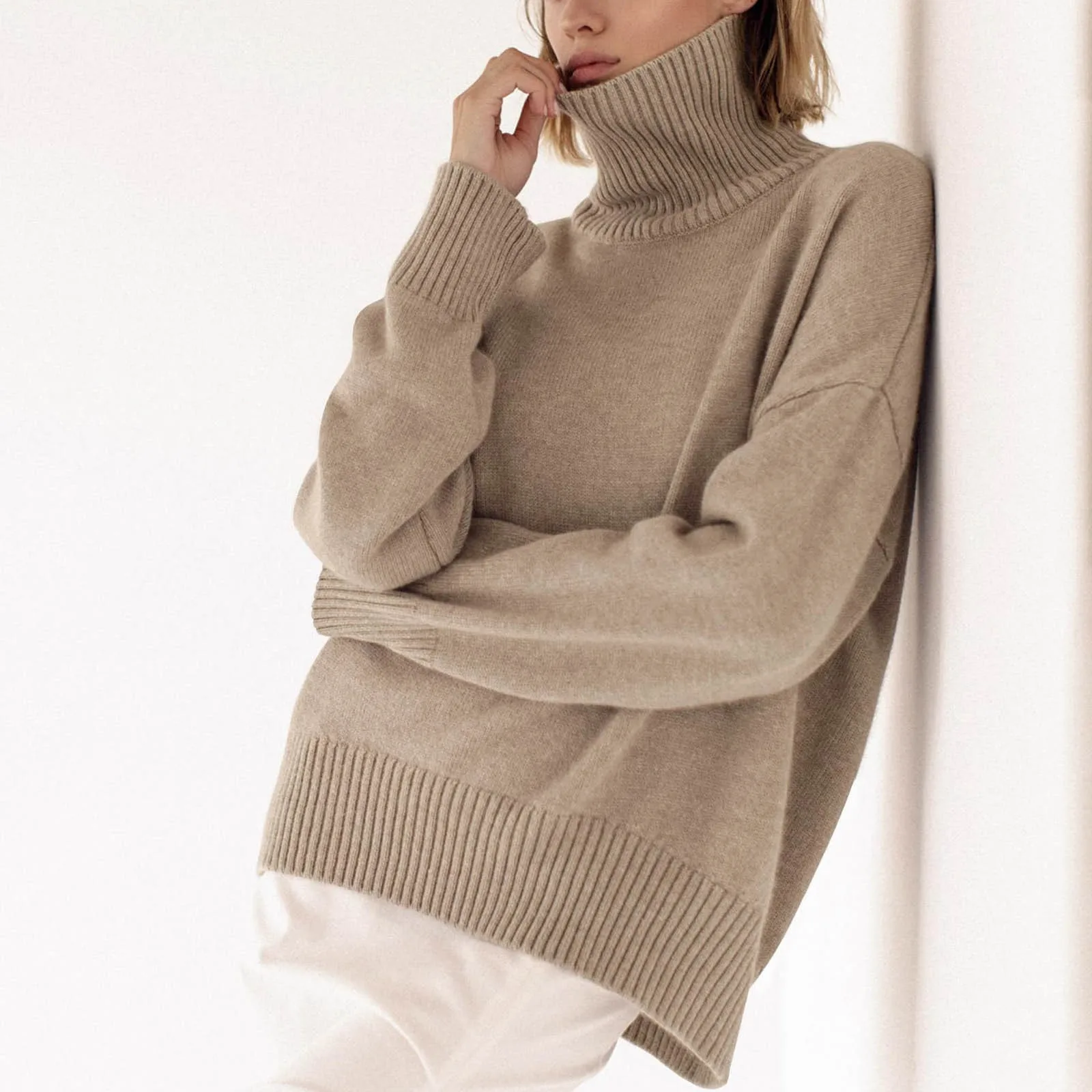 Women's Turtleneck Oversized Sweaters Long Sleeve Tunic Pullover Sweater Solid Color Female Knit Tops Autumn Winter Clothing