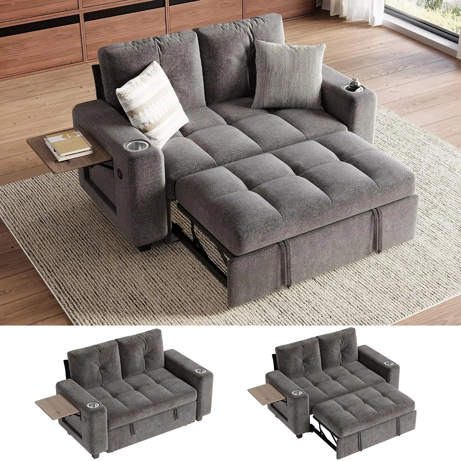 Chenille Pull Out Modular Sectional Sofa Bed 2 Seat Grey, Customized