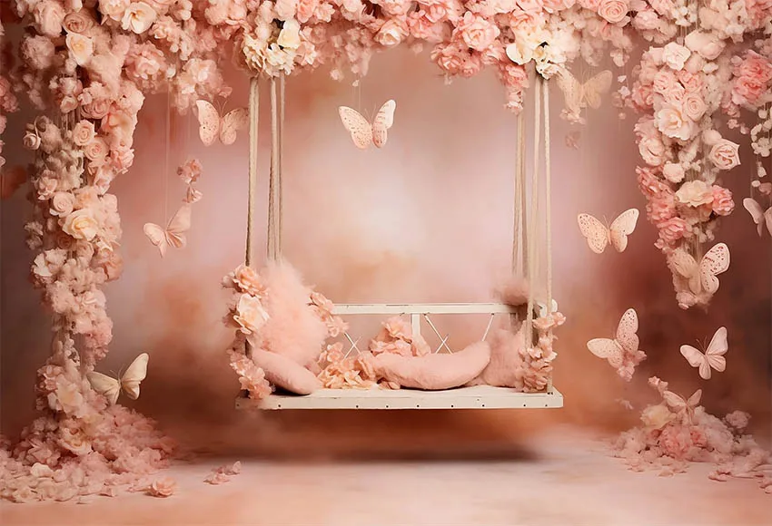 Mehofond 사진 배경 핑크 꽃 나비 공주, 신생아 생일 파티, 그런지 벽 예술 질감 배경 소품