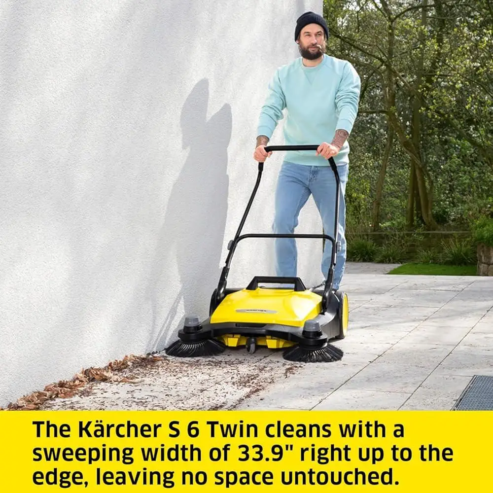 S6 Twin Push Sweeper Human Powered Outdoor Cleaning 10 Gallon Waste Container 33.9in Sweeping Width 32300 Sq Ft Per Hour