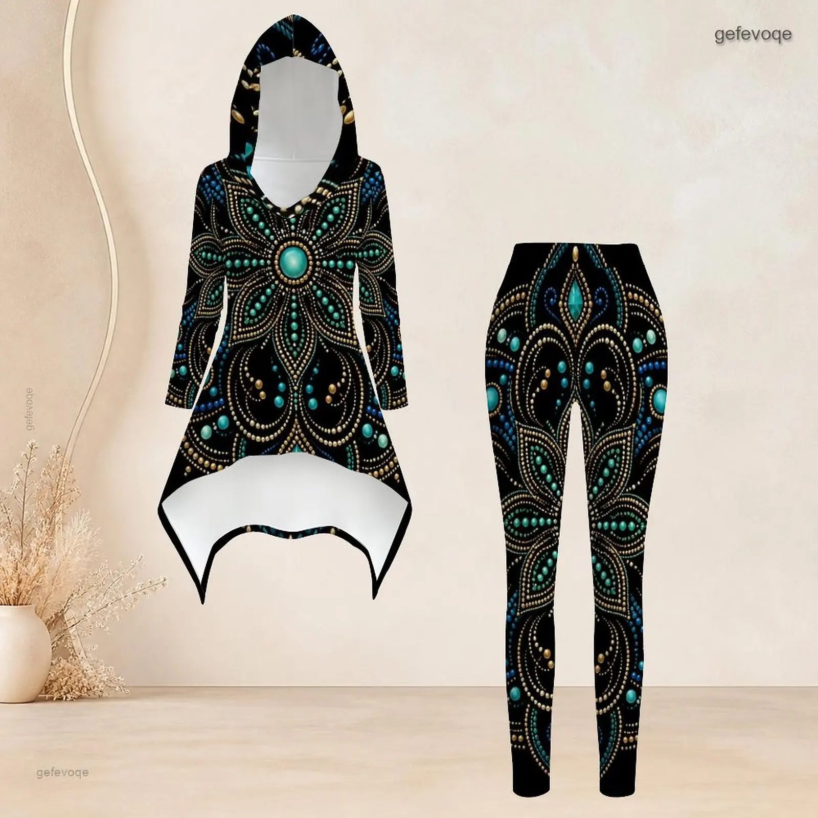 Women Black Turquoise Gold Mandala Bead Printed Hooded Top and Leggings Two Piece Pants Set