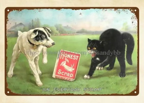 Reproduction de plaque en métal « Honest Scrap Tobacco Cat dog fighting » pour cuisine