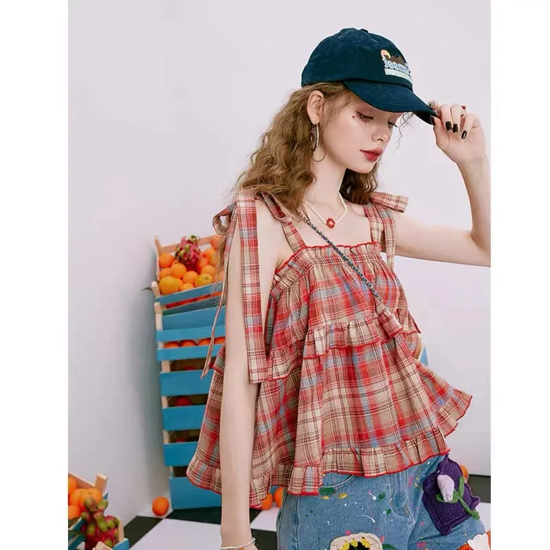 Camisola a cuadros Retro de verano para mujer, chaleco cómodo, suelto, con correa para la oreja de madera, ropa exterior versátil a la moda