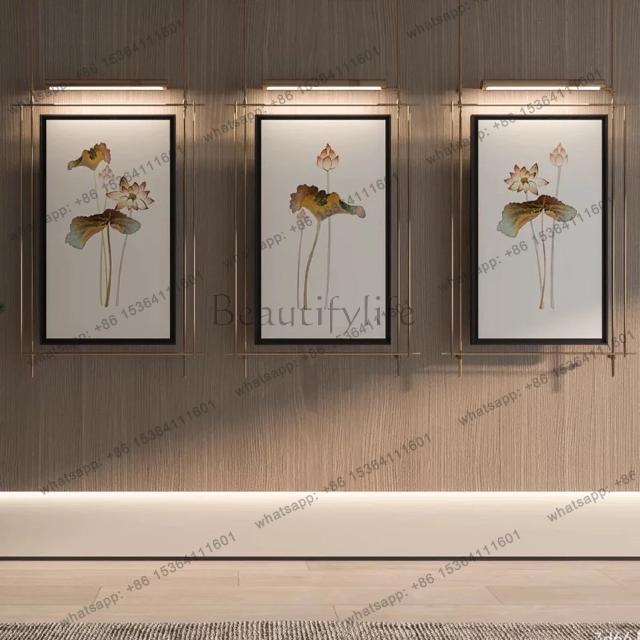 New Chinese Zen decorative sofa background wall triple lotus hanging painting