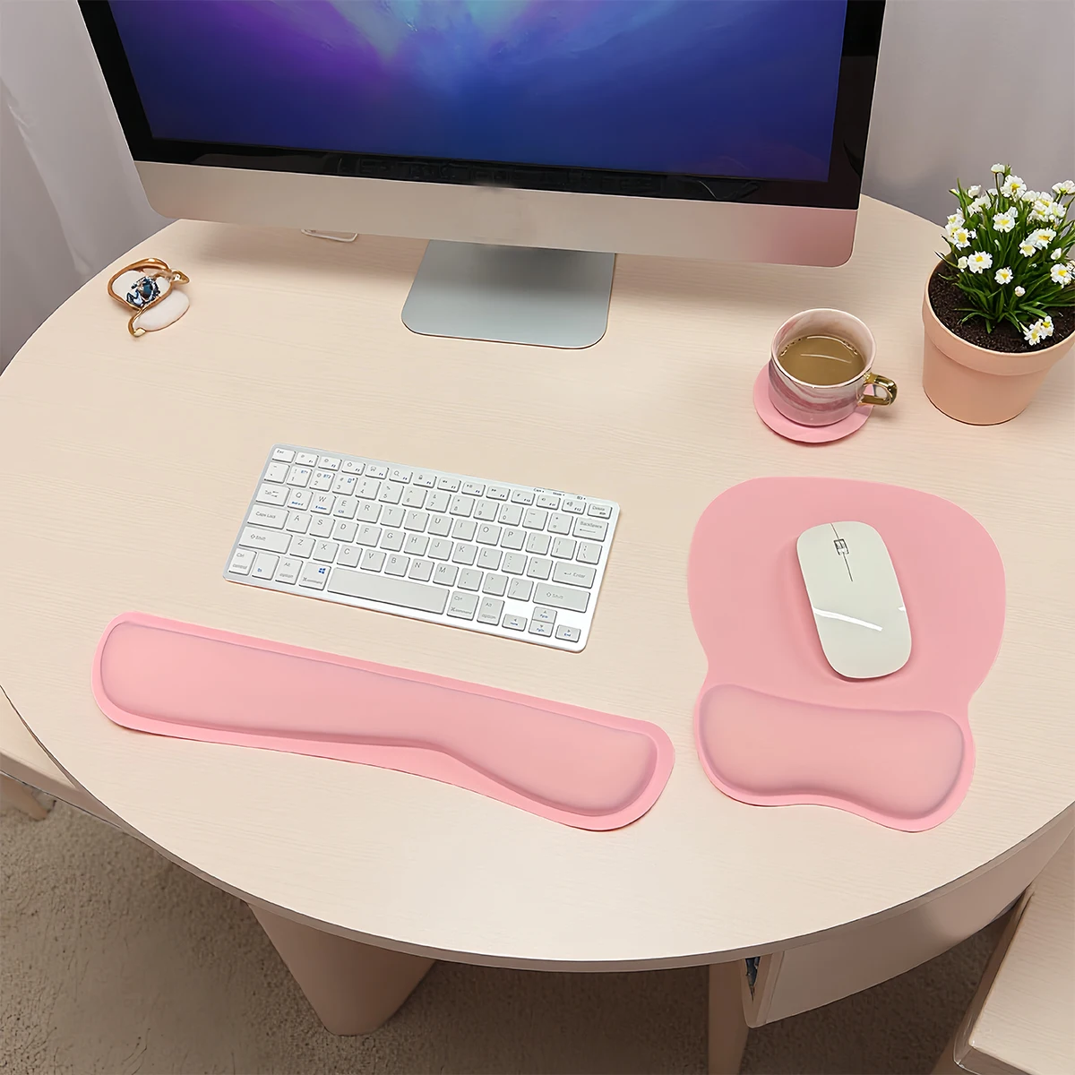 Keyboard wrist rest pad and mouse pad with wrist support set (3 pieces), mouse pad with non-slip rubber base, ergonomic memory f