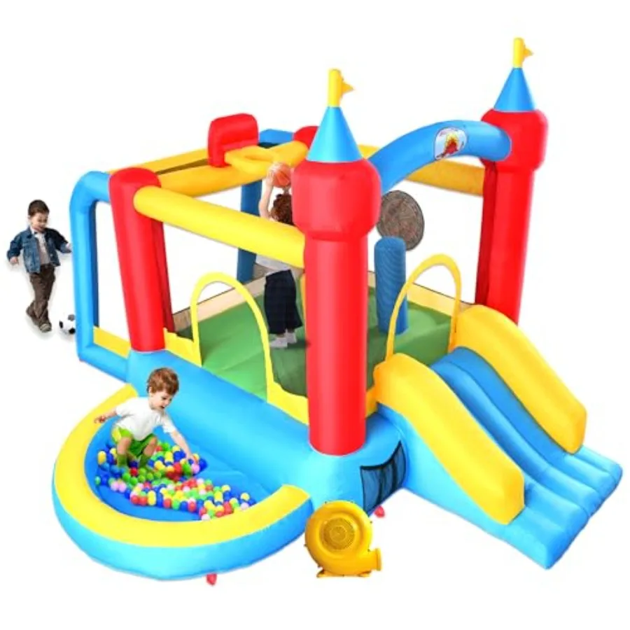 

Inflatable Bounce House with Slide Jumping Castle with Blower and Wave Pool Basketball Rim Football Goal