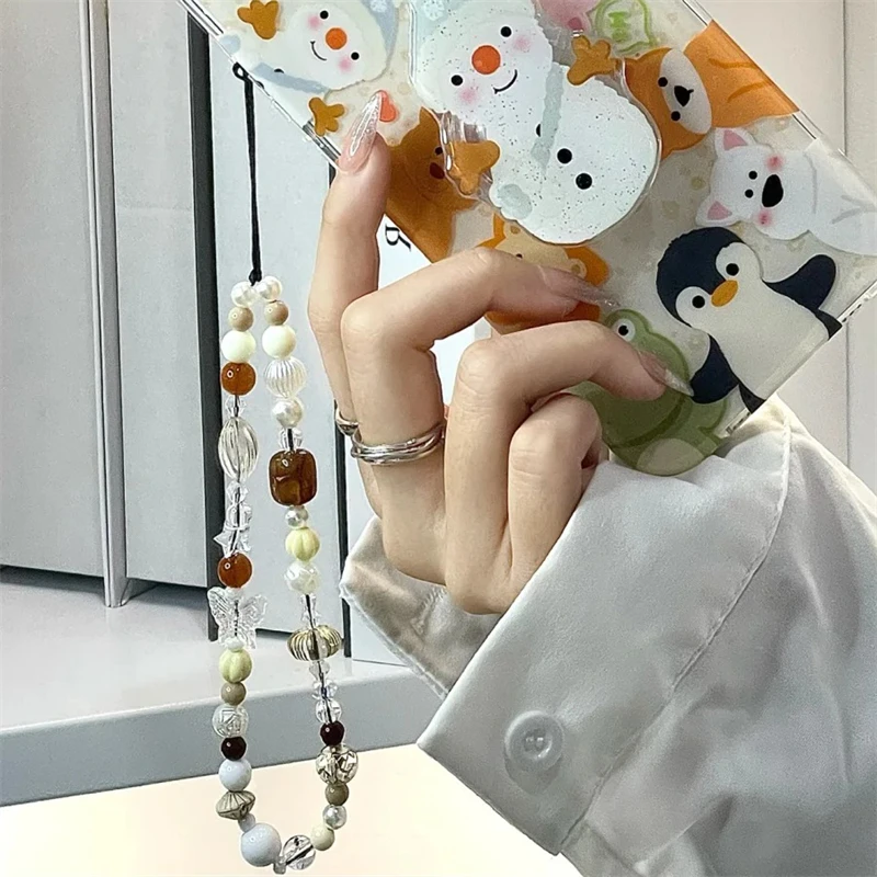 Korea Cute Butterfly Beaded Phone Chain Charm Lanyard For iPhone Samsung Universal Accessories Anti-Loss Lanyard Jewelry Pendant