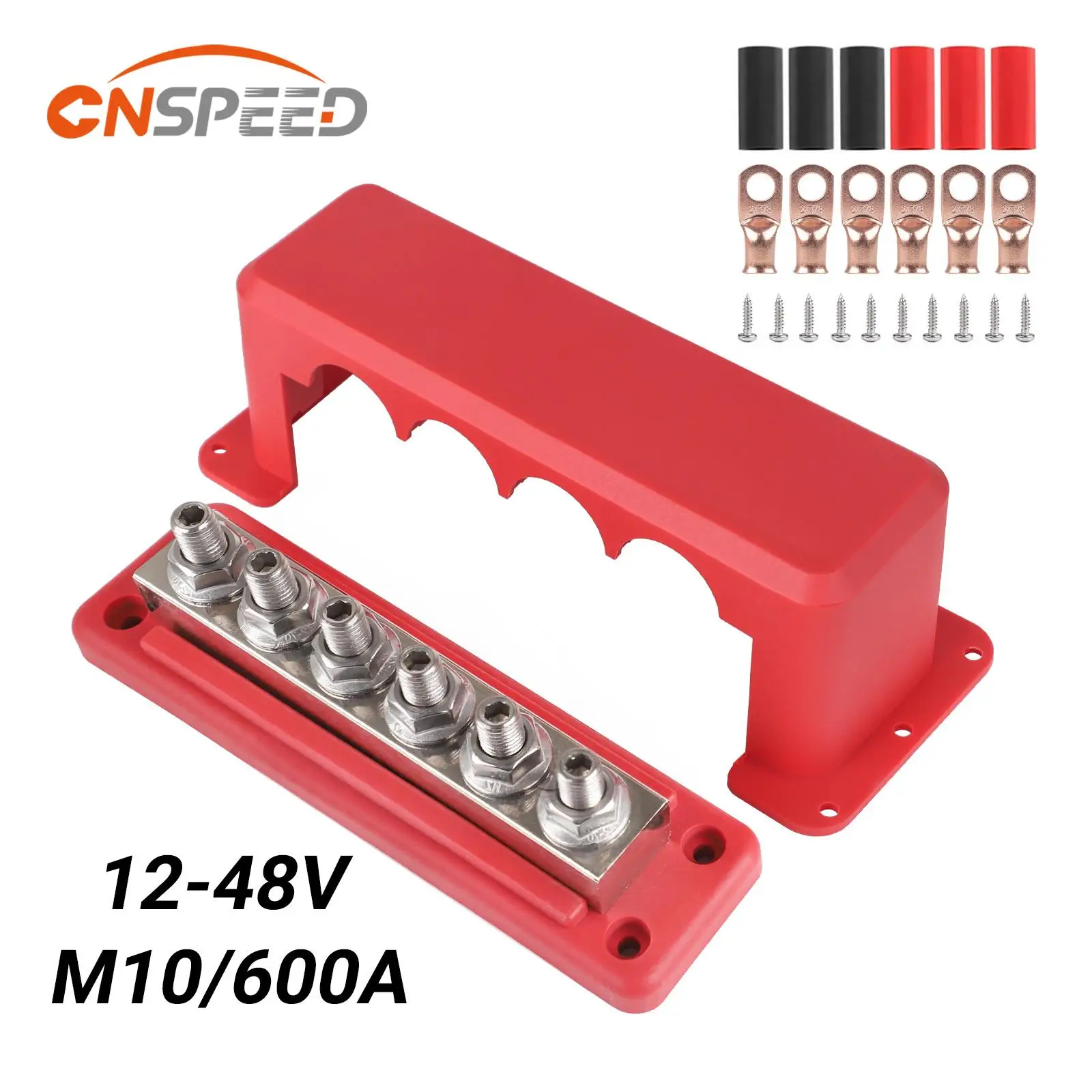 

New 600A 3/8" 6 Power Distribution Block Bus Bar with Cover Electrical Block For Marine Boat RVs Car With Copper Ring Terminals