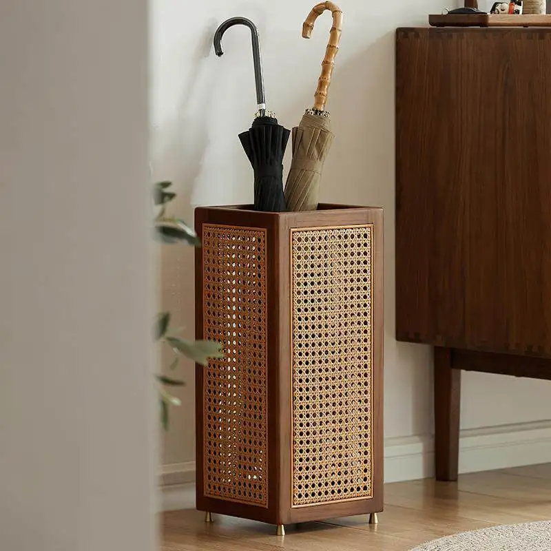 Solid wood rattan, breathable umbrella bucket, home dining hall, entryway simple long umbrella storage rack