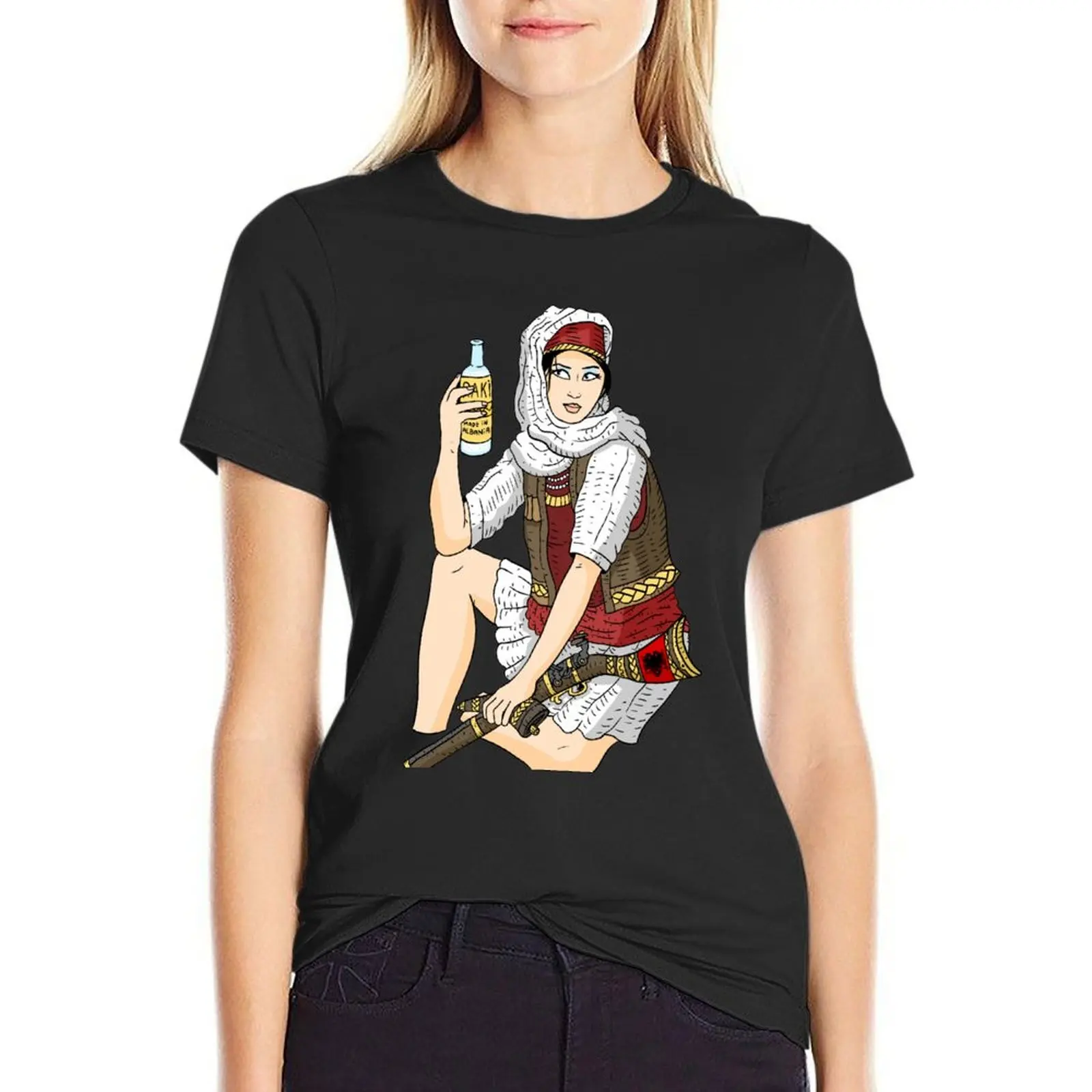 Albania. albanian pride. a warrior girl with raki. T-Shirt tops female oversized t shirts for Womens