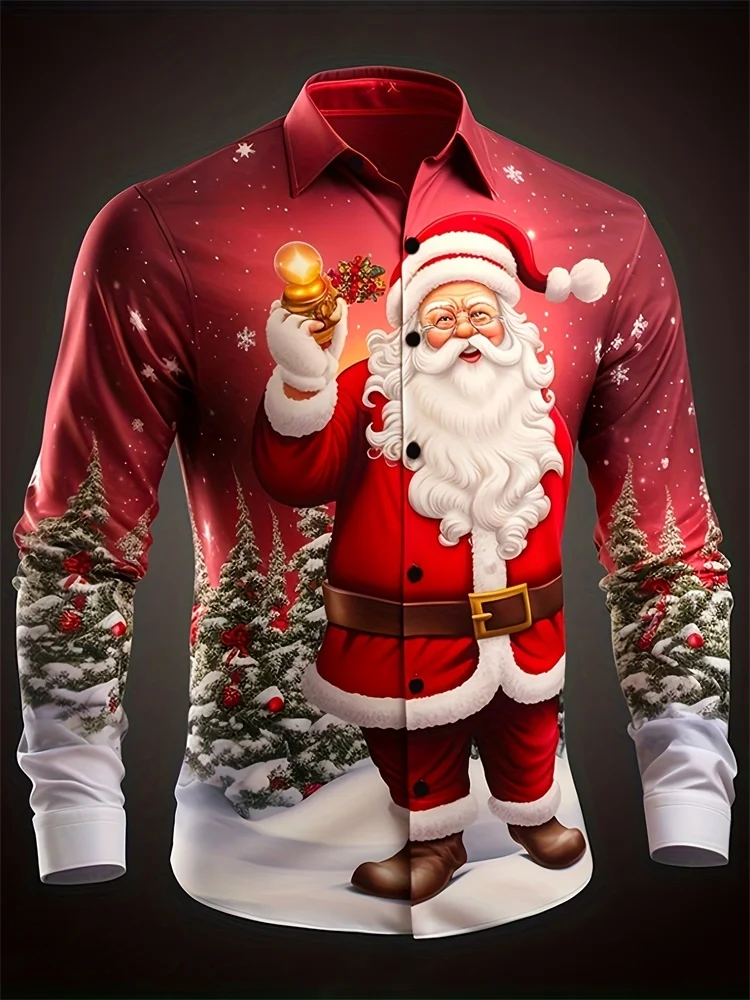 

2024 Santa Claus Printed Men's Long Sleeve Shirt Fashion Design Red Printed Clothing Top Autumn/Winter Casual Men's Shirts