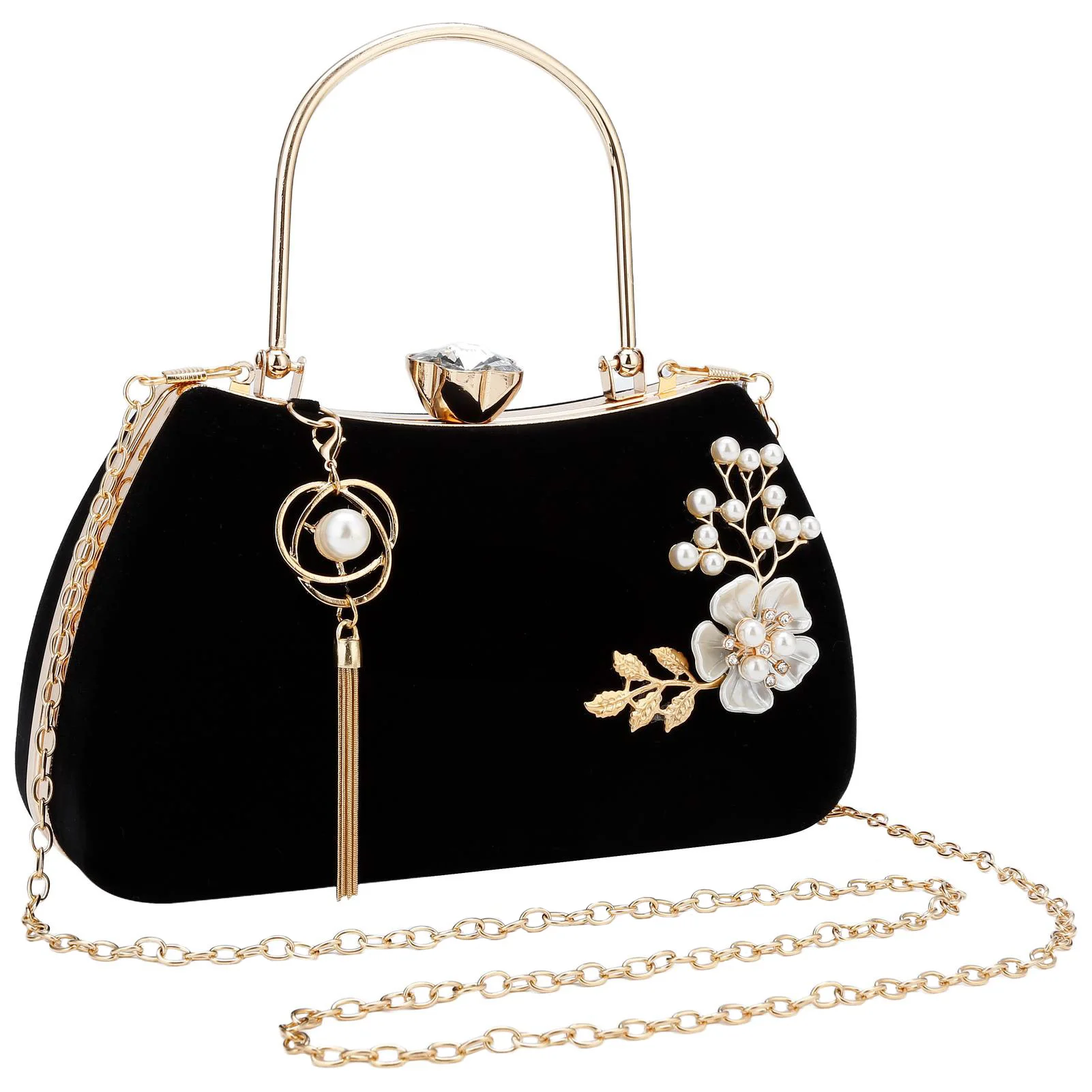 

Ladies' Elegant Flannelette Handbag Party Wedding Prom Clutch Bags Beading Flower Luxury Top Handle Bag Chain Crossbody Bags