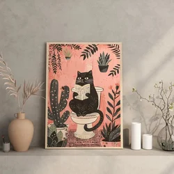 Funny Black Cat On The Toilet Reading Newspaper Canvas Painting Animal Bath Prints Wall Art Pictures for Bathroom Home Decor