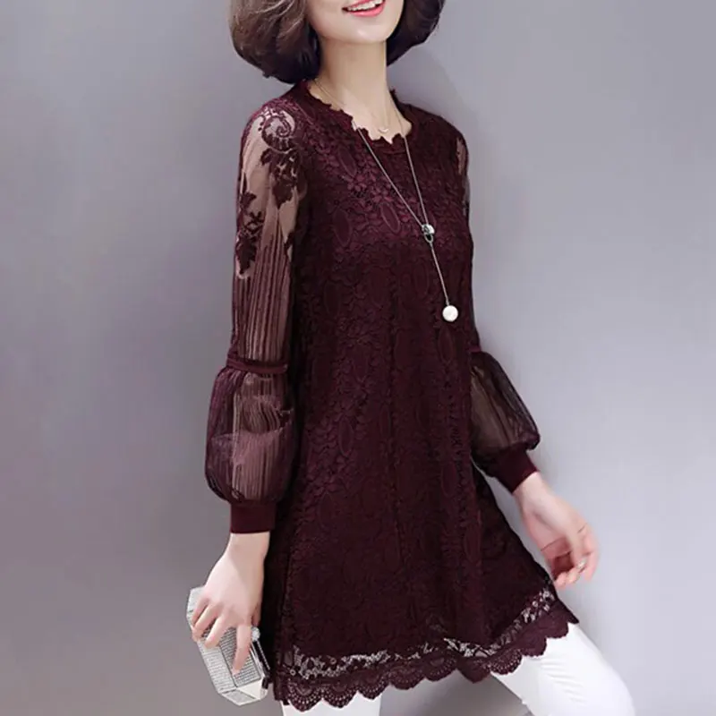 Elegant Lace Hollow Out Spliced Shirt Commute Straight 2023 Spring Autumn Long Sleeve Women\'s Clothing Round Neck Floral Blouse