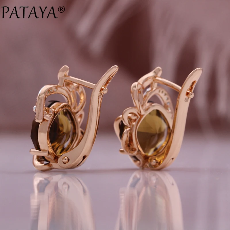 PATAYA Hot Fashion Light Brown Natural Zircon Ring Earring for Women Simple 585 Rose Gold Color High Quality Daily Jewelry Sets