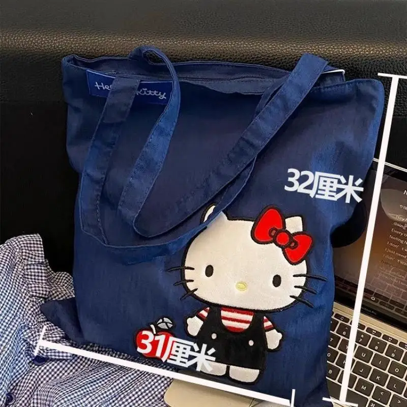 Cartoon Storage Bag Hello Kitty Denim Printed Shoulder Bag Sanrio Large Capacity Simple Commuting Handbag Lazy Style Versatile