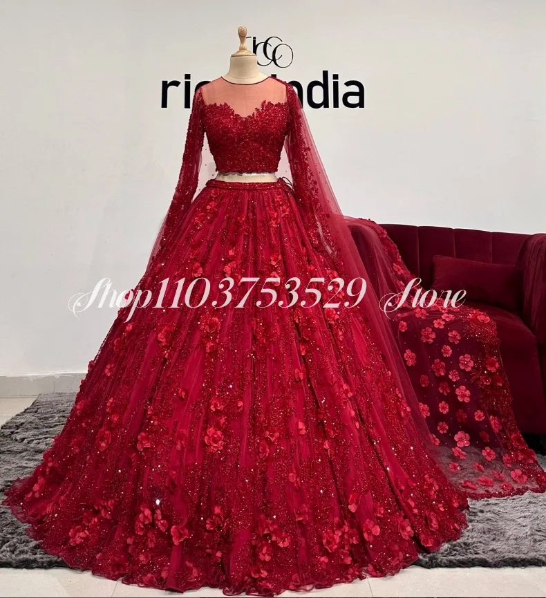 Rote pakistanische indische Abendkleider, Netz, 3D-Blumenapplikation, zweiteilige Spitze, Dubai, arabischer Abschlussball, maßgeschneidert, Maxi, Genoе Amatico