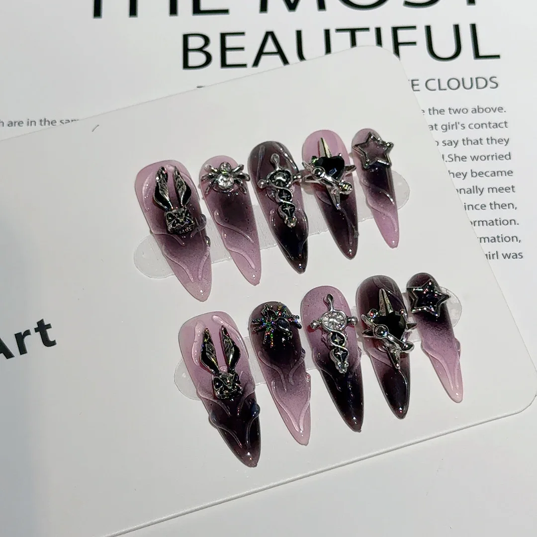 

10PCS Handmade Y2k Press on Nails Halloween Punk Dark Spicy Sweet Cool Fake Nail Tips Wearable Reusable Long Pointed False Nails