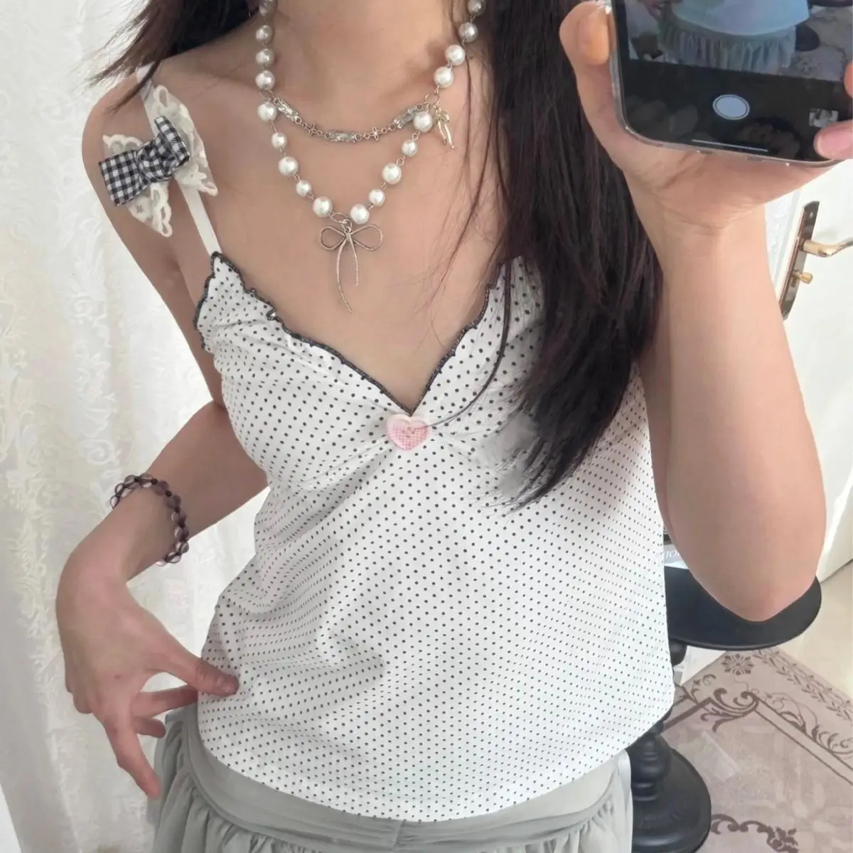 Subculture Y2k Crop Top Vest Women V-Neck Sexy Kawaii Clothing T-shirts Outwear Casual Harajuku Tees Dot Korean Fashion Chic