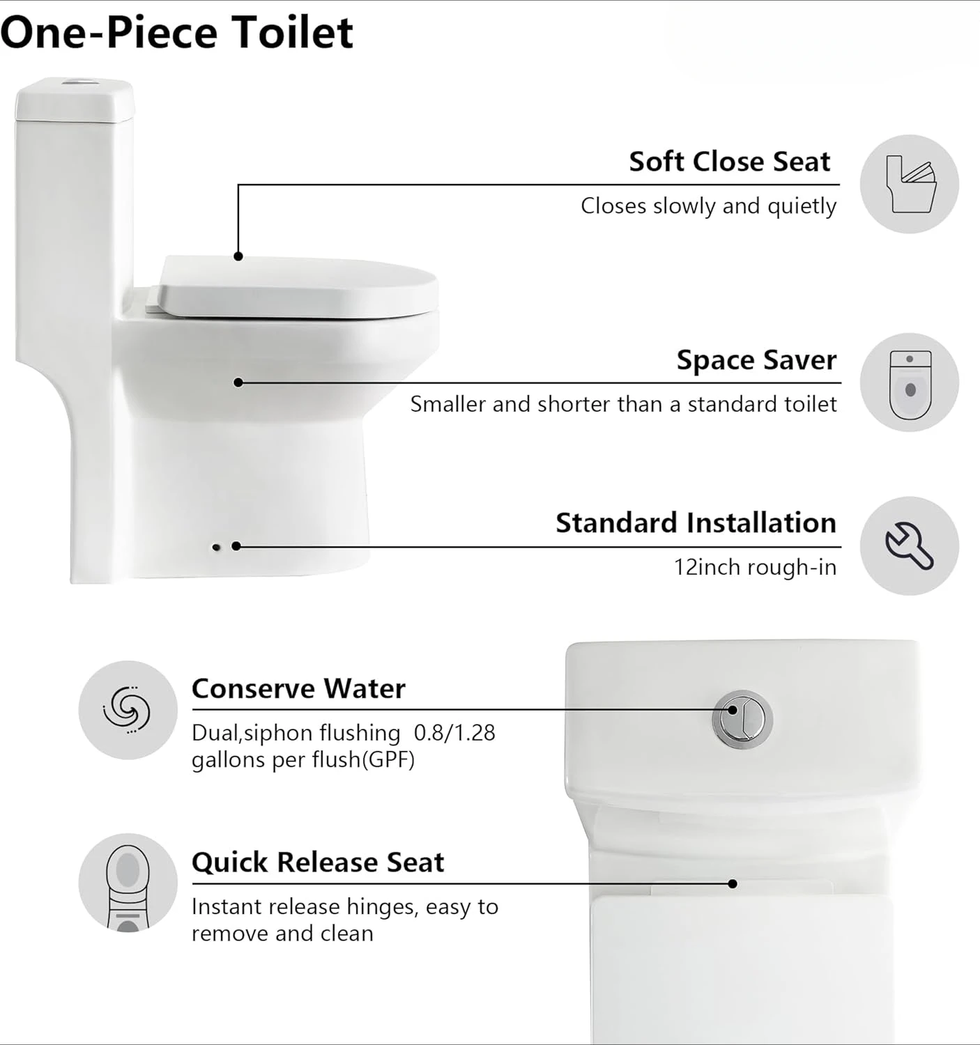 Small Compact One Piece Toilet For Bathroom, Dual Flush Toilet with Soft Closing Seat, 0.8/1.28 GPF High-Efficiency