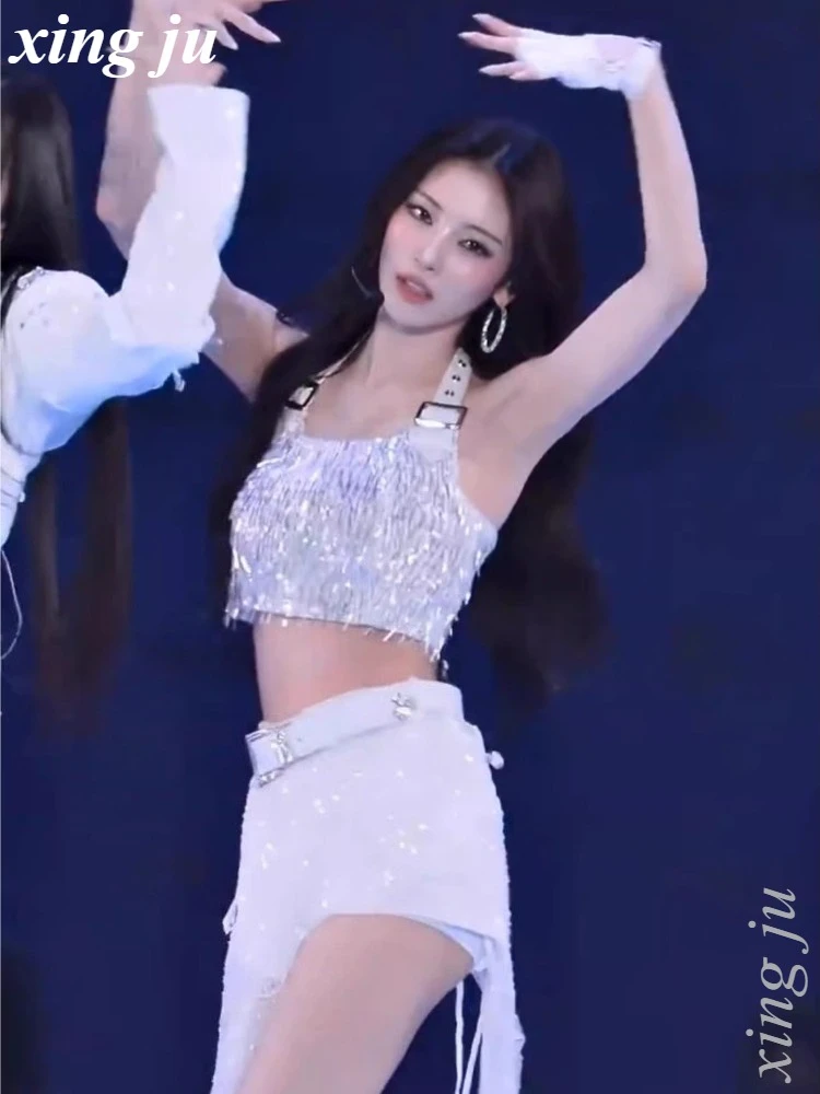 Xing Ju Korean Singer Halter Sequins Tassel Tops See-Through Tight Shorts Jazz Dancer Costumes Women Kpop Stage Performance Wear