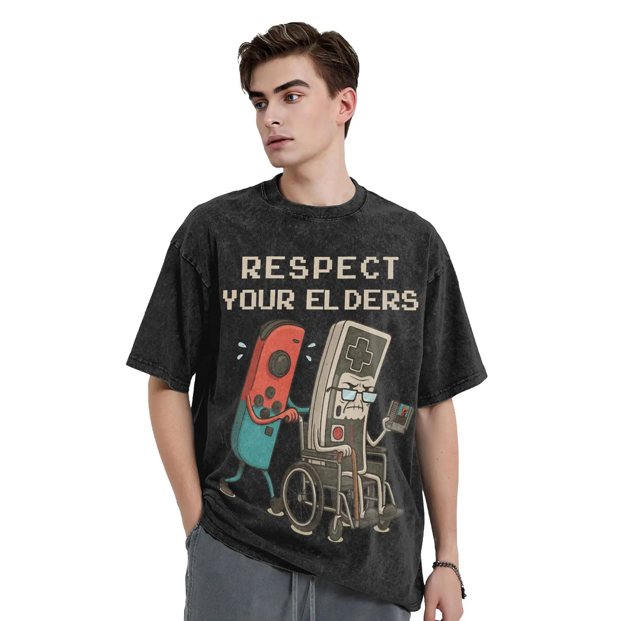 Respect Your Elders Retro Gaming Funny Gamer Controller Vintage Washed T-Shirt 100%Cotton Short Sleeve  O-neck Summer Tops