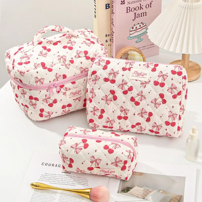 Cute Pink Cherry Bow Makeup Bag Case Small  Large Capacity Multifunctional Cosmetic Organizer Bags Simple and Fresh Design