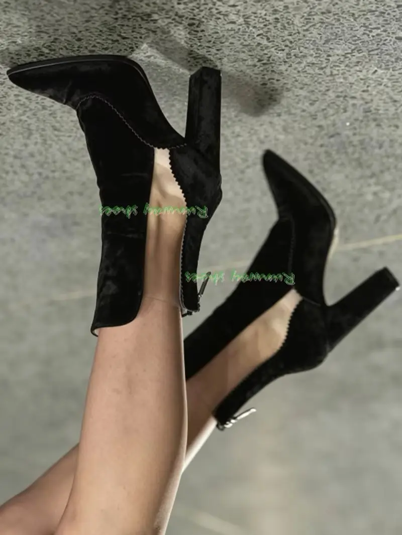 Botines de tacón grueso en punta, amarillo mostaza, con empalmes de terciopelo y materiales transparentes, cremallera trasera, zapatos de moda para banquetes 2026