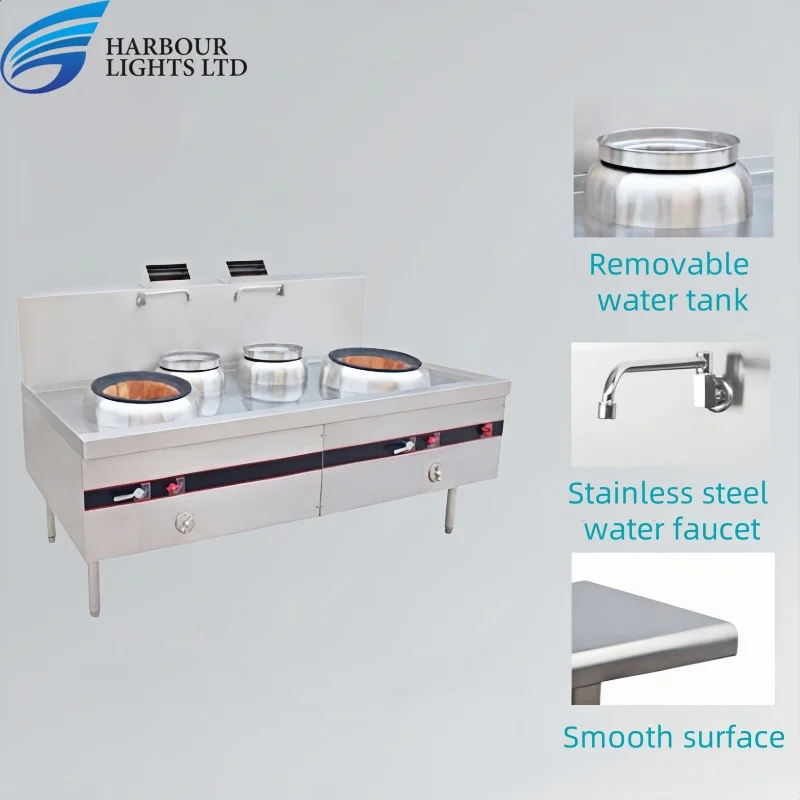 Commercial Gas Cooking Stove With 2-Burner 2-Warmer Stainless Steel Chinese Wok Range Kitchen Equipment for Chinese Food